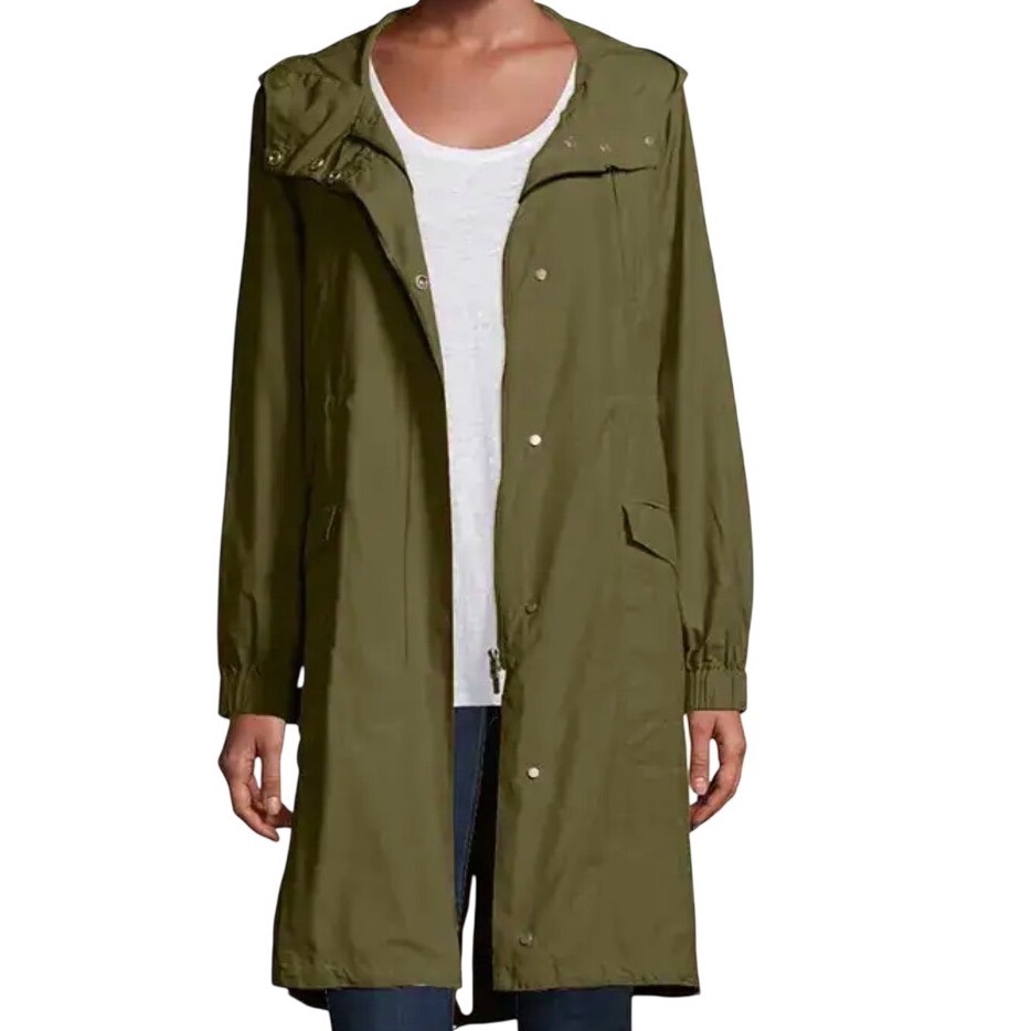 Eileen Fisher Petite Olive Green Organic Cotton Nylon Hooded Parka Jacket Ps/Pp